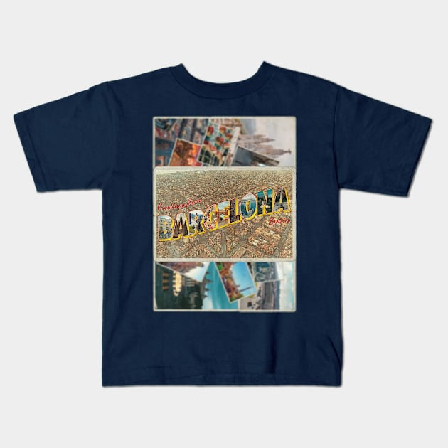 Greetings from Barcelona in Spain vintage style retro souvenir Kids T-Shirt by DesignerPropo